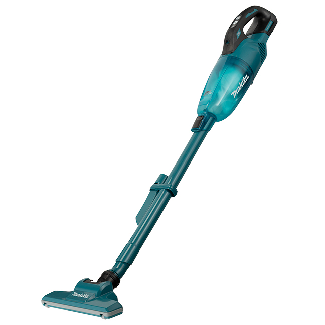 Aspirateur Makita DCL284FZX1 sans fil sur fond clair, avec tube prolongateur et embout pivotant